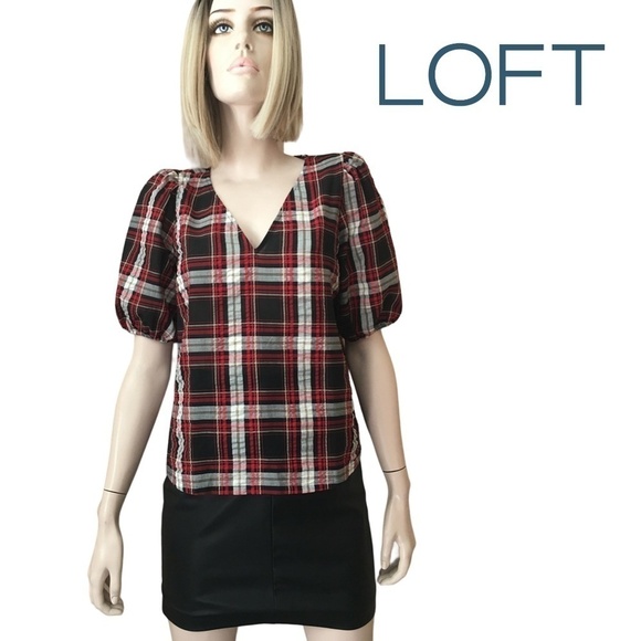 LOFT Blouse Rayon blend Plaid Seersucker Puckered Top Shirt Short Sleeve XS-S - Picture 1 of 15